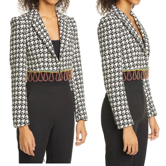 $1,580 AREA Crystal Fringe Houndstooth Wool Blend Bolero Jacket Women’s Size 2 - Picture 4 of 12